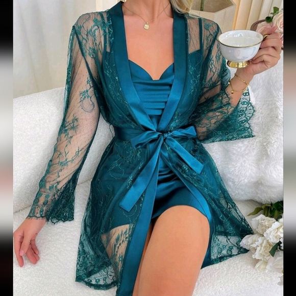 Satin Cami Nightdress & Belted Lace Robe Pajama Set - Picture 4 of 4